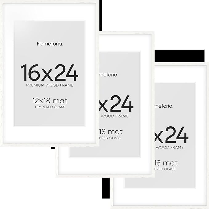 Homeforia White Picture Frame 16x24, High End Oak White 16x24 Frame with Mat 12x18 Photo, 16 x 24 Wooden Poster Frames Matted to 12 by 18, 24x16 Wood Hanging Frames, Tempered Glass, Wall Kit, Set of 3
