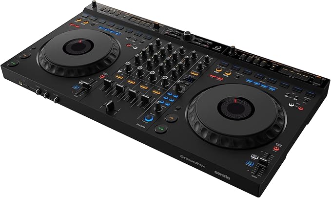 AlphaTheta DDJ-GRV6 4-Channel Performance DJ Controller Bundle with Laptop Stand, Headphones, TRS-to-Dual-TS Stereo Breakout Cable, and Austin Bazaar Polishing Cloth