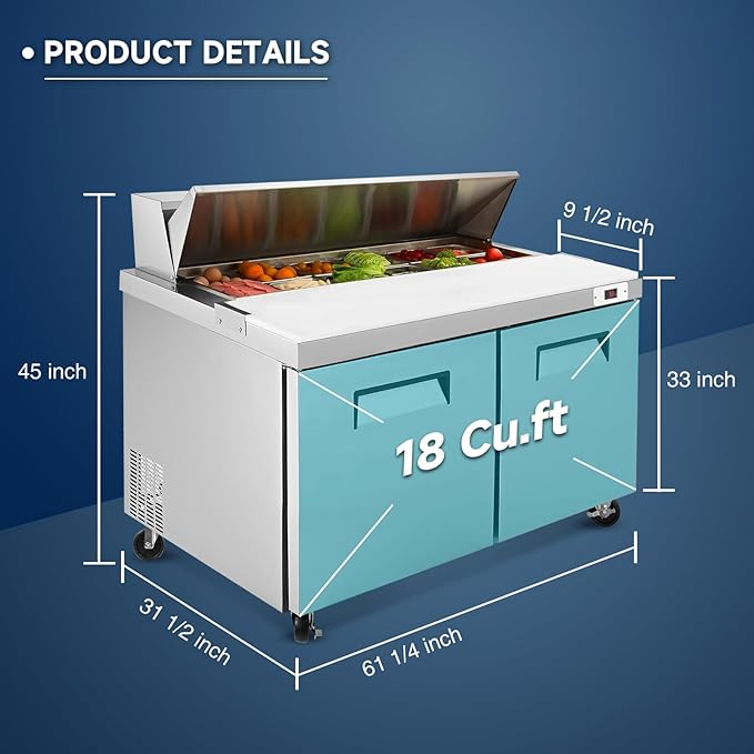 60"W Commercial Sandwich Prep Table Refrigerator - Stainless Steel Door with 16 Pans, 18 Cu.Ft Capacity, Auto Defrost, Digital Temperature Control for Restaurants, Delis, Catering & Convenience Stores
