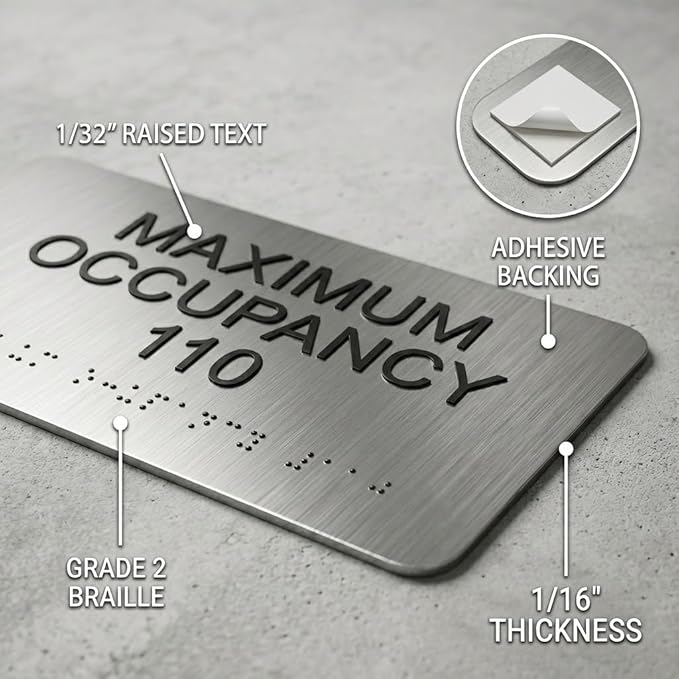 ALPHA DOG ADA SIGNS Custom Maximum Occupancy Sign 4x8 Inch - Personalized Room Capacity Limit Sign with Grade 2 Braille - ADA Compliant Business Signage - Made in USA - Brushed Stainless