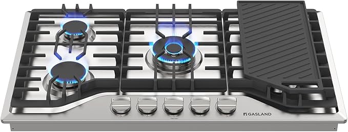 GASLAND 36 Inch Gas Cooktop, PRO GH3365SF 5 Burner Gas Stovetop with Reversible Cast Iron Grill/Griddle, Plug-in, NG/LPG Convertible Cooktops, Stainless Steel