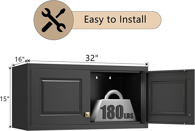 32" Metal Wall Cabinet 2 Doors,Black Hanging Cabinets with Handle,Bathroom Cabinet,Storage Cabinet 16" D x 32" W x 15" H
