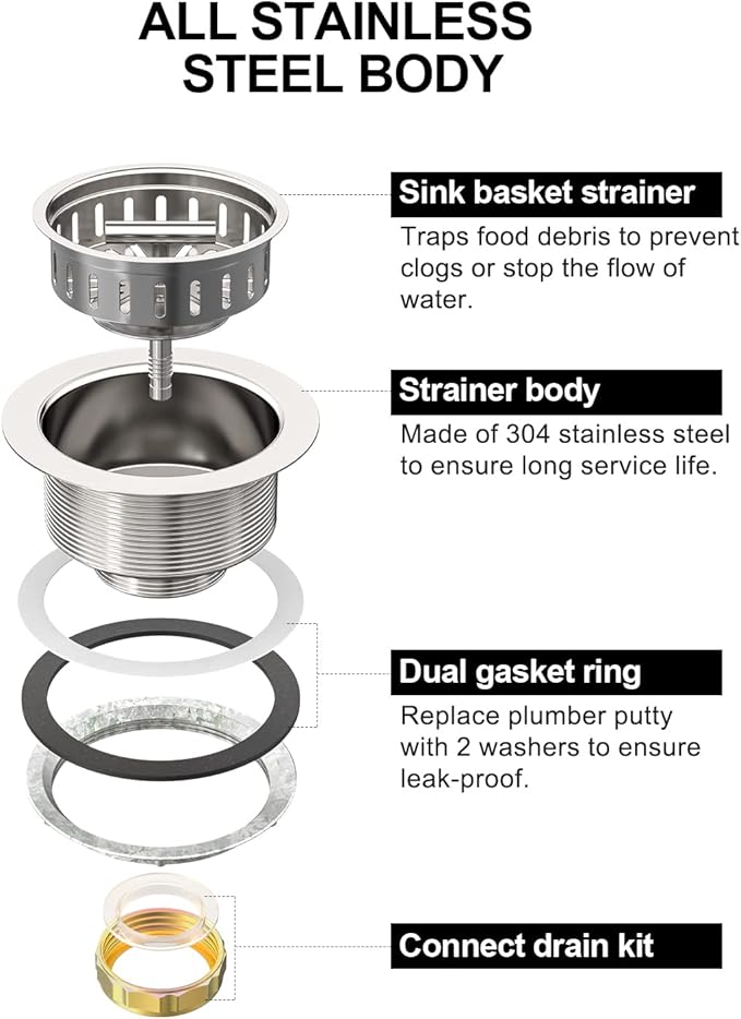 BOTEMY B9171 Kitchen Sink Drain 3 1/2 Inch Kitchen Sink Drain Strainer Assmebly Kit Stainless Steel Sink Strainer Basket/Drain Stopper for 3.5'' Standard American Drain Hole (Polished)
