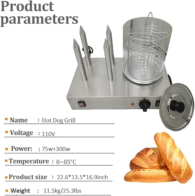 Hot Dog Warmer Steamer Machine Commercial Electric Bun Warmer with 4 Heating Rods Countertop Stainless Steel Sausage Warmer Adjustable Temperature 32℉-185℉ 110V