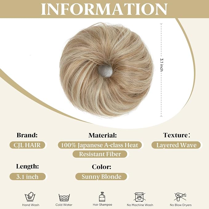 CJL HAIR 2PCs Small Cute Messy Bun Hair Piece for Thin Hair Women Mini Synthetic Curly Bun Scrunchies Updo Hairpieces Sunny Blonde