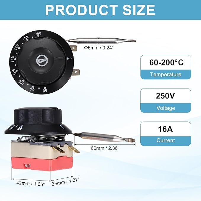 MECCANIXITY 2pcs Temperature Control Switch 250V, 16A 60-200°C Capillary Thermostat Temperature Control Switch for Ovens Fryers Refrigerator Heaters