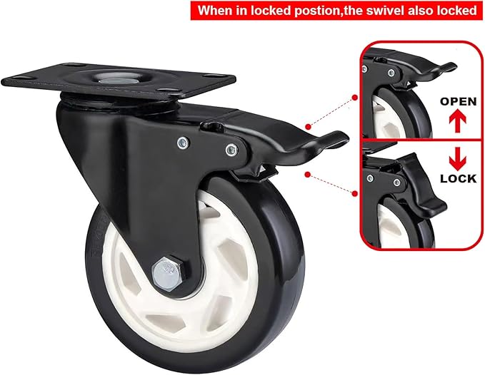 Heavy Duty Locking Caster Wheels with Brake, Non-Marking Swivel Casters Set for Cart & Furniture, 4 Inch Set of 4 / Black