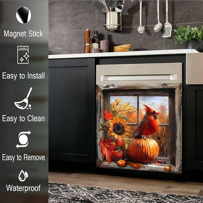 Dishwasher Magnetic Cover, Cardinal Bird Dishwasher Magnet Kitchen Decor, Pumpkin Dishwasher Cover Magnetic Refrigerator Sticker Holiday Decal, 26"x26"