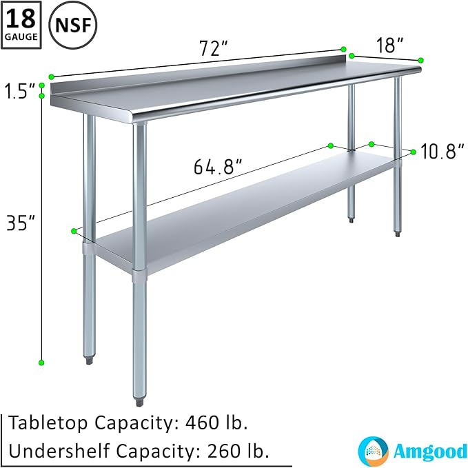 AmGood Stainless Steel Work Table with 1.5" Backsplash | Metal Kitchen Food Prep Table | NSF (72" Long x 18" Deep)