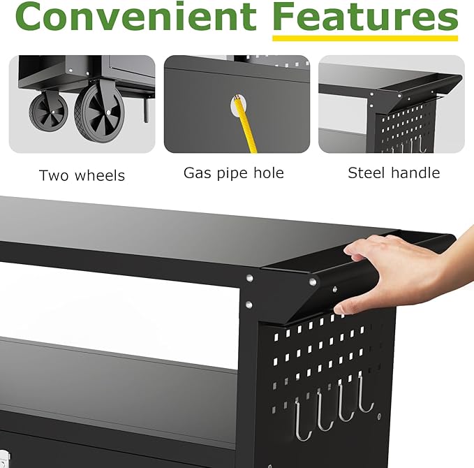 Grill Table,Outdoor Grill Cart with Storage,Outdoor Bar Cart with Wheels,Foldable Tabletop,Kitchen Island for Prep,Patio BBQ(Metal)