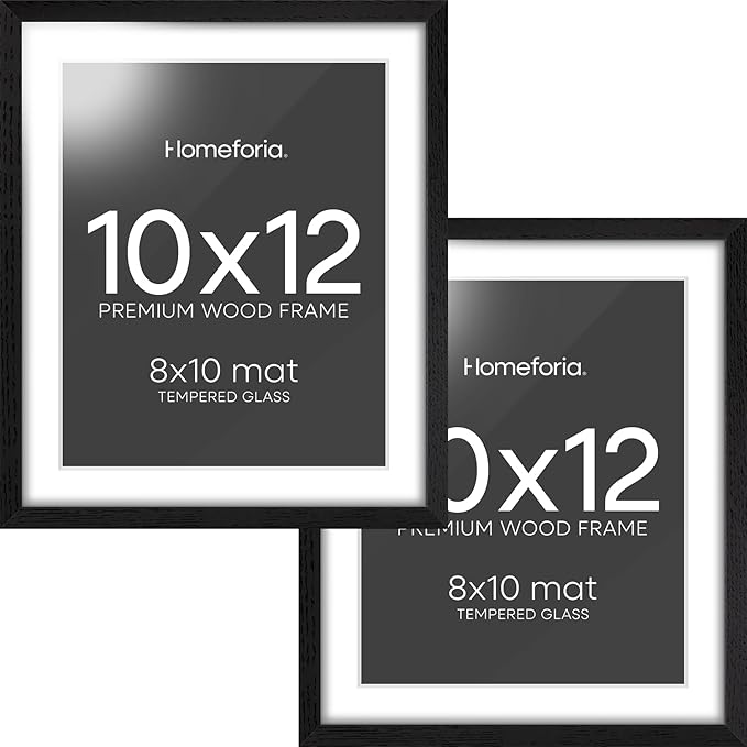 Homeforia 10x12 Picture Frame Black Wood, High End Oak 10x12 Poster Frames with Mat 8x10, 10 x 12 Wooden Frame Matted to 8 x 10 inch Photo, 12x10 Thin Hanging Frame, Tempered Glass, Wall Kit, Set of 2