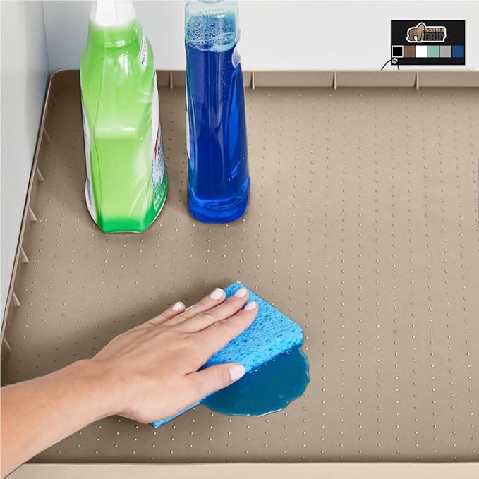 GORILLA GRIP Waterproof Silicone Under Sink Mat with Raised Lip for Kitchen and Bathroom, Cabinet Shelf Liner Stay in Place Mats Dishwasher Safe Drawer Liner, Organizer Tray, 19 x 34 in, Beige