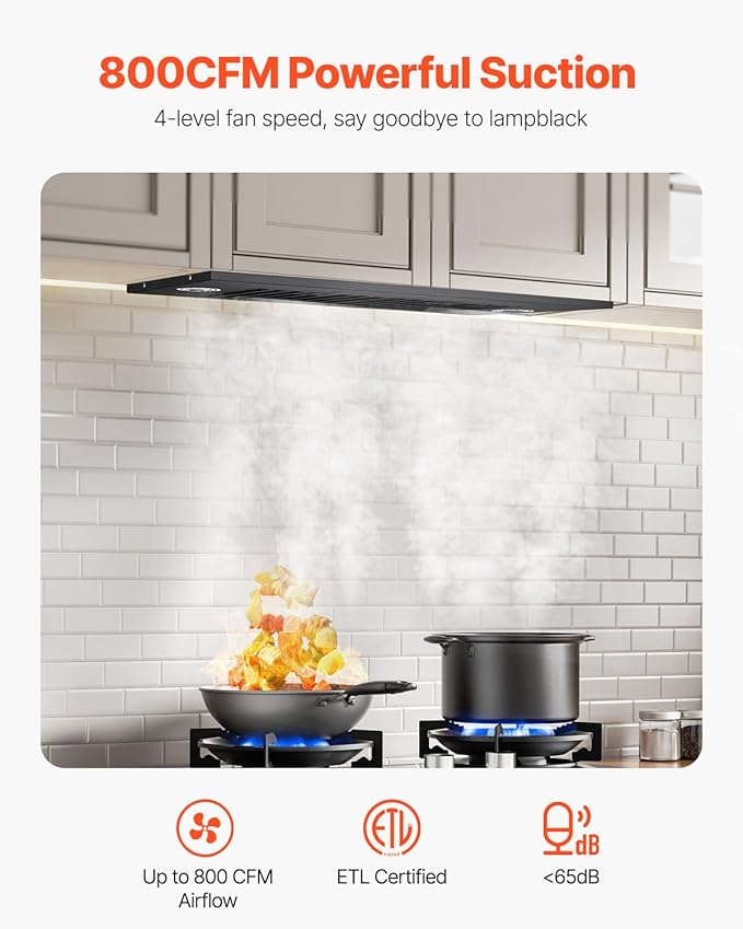VEVOR Range Hood Insert, 30 Inch Built-in Kitchen Vent Hood, 800CFM Steel Stove Hood, with Gesture & Touch Control, LED Light, Baffle Filters, 4-Speed Exhaust Fan, Ducted/Ductless Convertible