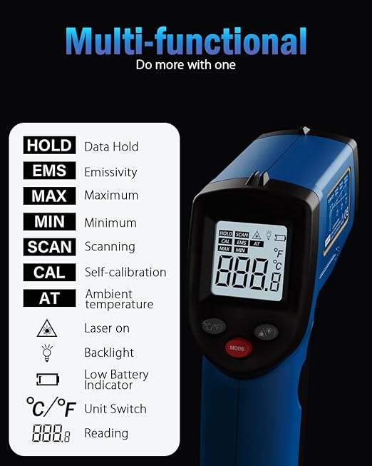 Infrared Thermometer Laser Temperature Gun, Digital Surface Heat Temp Gun Non-Contact for Cooking Food, Pizza Oven, Griddle Meat, Refrigerator, HVAC, Grill, Engine -58℉~752℉