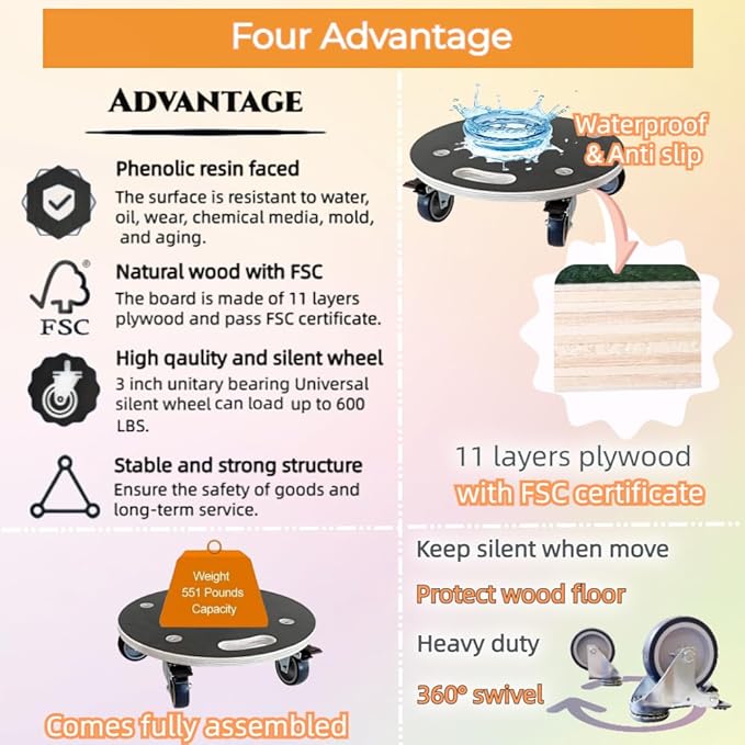 15-Inch Round Wood Platform Dolly with TPR Silent 2" Wheel with 2 Brake +2 Without, 551-lb Load Capacity Heavy Duty Wood Furniture Dolly, Multifunctional Movers Carrier,Plant Dolly, Two Pack
