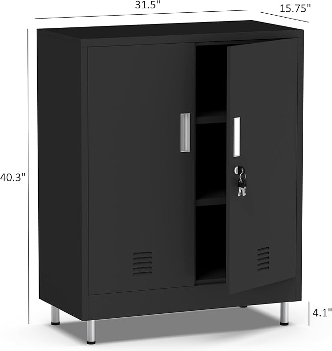 Metal Storage Cabinet with Locking Doors and 2 Adjustable Shelves, Lockable Storage Cabinet for Home Office Garage Pantry Living Room (Black)