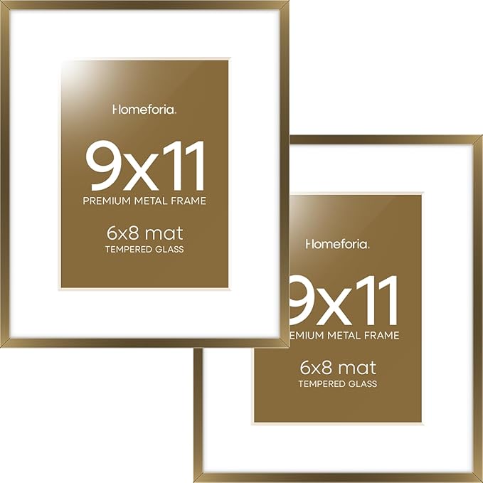 Homeforia 9x11 Frame Bronze, High End Metal 9 x 11 Brass Picture Frames with Mat for 6 by 8 in Photo, 9by11 Poster Frame Matted to 6x8, 11x9 Wall or Tabletop Frames, Tempered Glass, Wall Kit, Set of 2