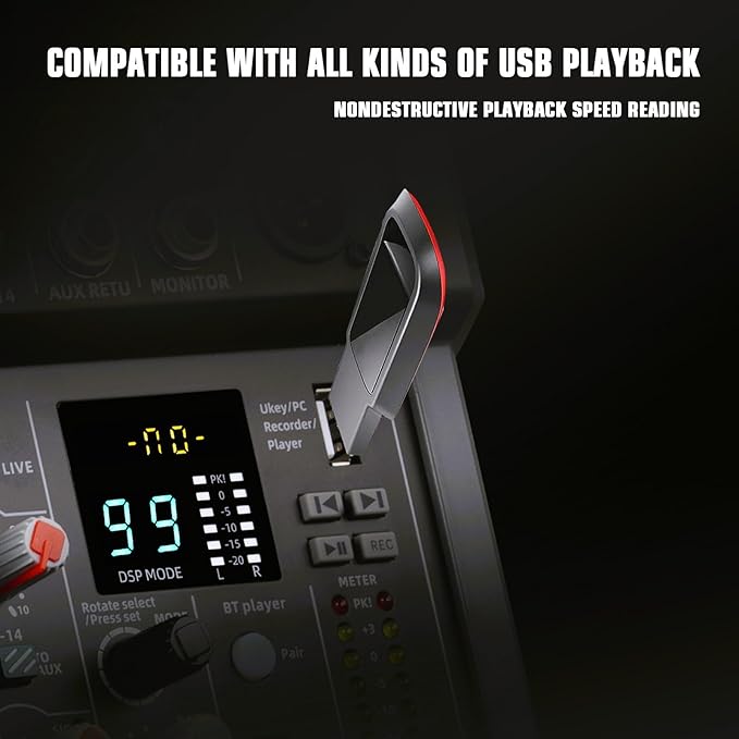 10-Channel Audio Mixer,DJ Mixer, Sound Board Console with 99 DSP Effects, Bluetooth Mixer Input 48V Phantom Power Stereo USB XLR Mixer For Karaoke Studio PC Recording