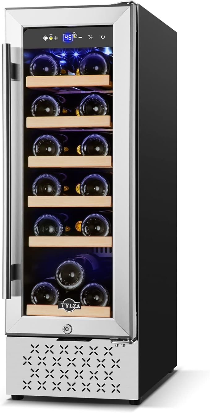 Tylza 12" Wine Cooler Refrigerator, 18 Bottles Capacity, Compact Freezerless, Temperature Stability, Low Noise, Double-Layer Tempered Glass Door