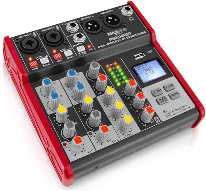 PYLE Studio Audio Sound Mixer Board - 4 Channel Bluetooth Compatible Professional Portable Digital DJ Mixing Console with USB Mixer Audio Interface - Mixing Boards For Studio Recording - PMXU48BT