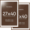 Homeforia 27x40 Poster Frame Brown, High End Dark Oak 27x40 Large Wooden Frame with Mat 24x36, 27 x 40 Walnut Wood Picture Frame Matted to 24 x 36, 40x27 Thin Frame, Tempered Glass, Wall Kit, Set of 2
