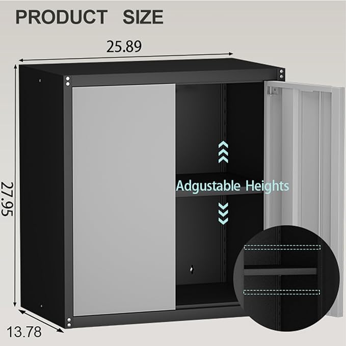 Garage Storage Cabinet,Garage Cabinets with 2 Doors.Locking Wall Cabinet with Adjustable Shelf,Wall Cabinets for Basement,Shop,School,Grey-Black