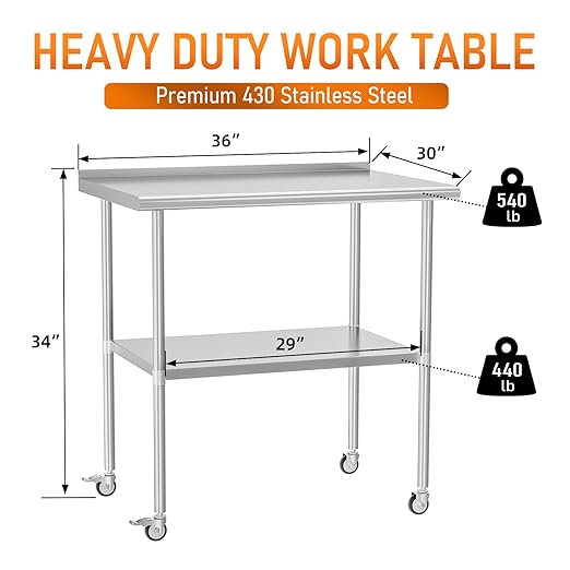 Stainless Steel Prep Table 30" X 36" with Adjustable Undershelf, Backsplash and Wheels, Commercial Metal Workstations for Kitchen, Garage, Outdoor BBQ