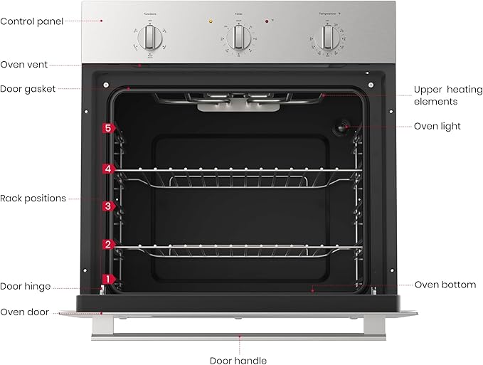 24 Inch Electric Wall Oven, GASLAND Built-in Oven with 2.79 Cu.ft Capacity, 5 Working Functions, Ergonomic knob, Removable 3-Layer Glass Door, 2200W Stainless Steel Single Wall Oven, ETL Certified