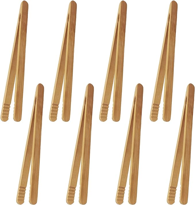 7 Inch Bamboo Kitchen Utensil Tongs, Reusable Bamboo Toast Tongs for Toast, Kimchi, Fruit and Tea, 8 Pcs.