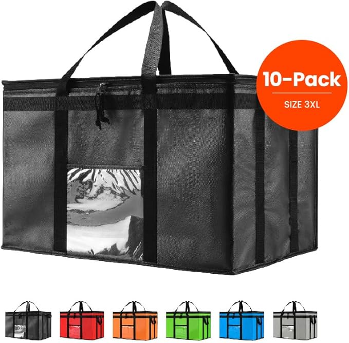 NZ home Insulated Bags for Food Delivery (3XL) Grocery Shopping Cooler Bag, Pizza Delivery, Hot & Cold Catering Tote, Reusable, Foldable & Heavy Duty (10 Pack, Black)