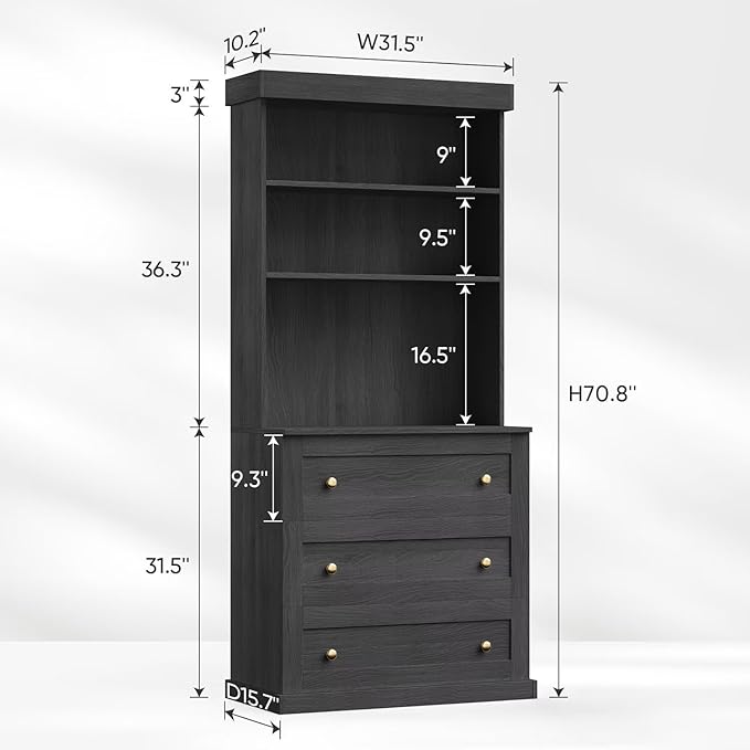 Vyre 71" Farmhouse Kitchen Pantry Cabinet Set of 3, Black Freestanding Coffee Bar Hutch with Drawers & Adjustable Shelves, Large Storage Cabinet with Microwave Stand for Living Room & Kitchen