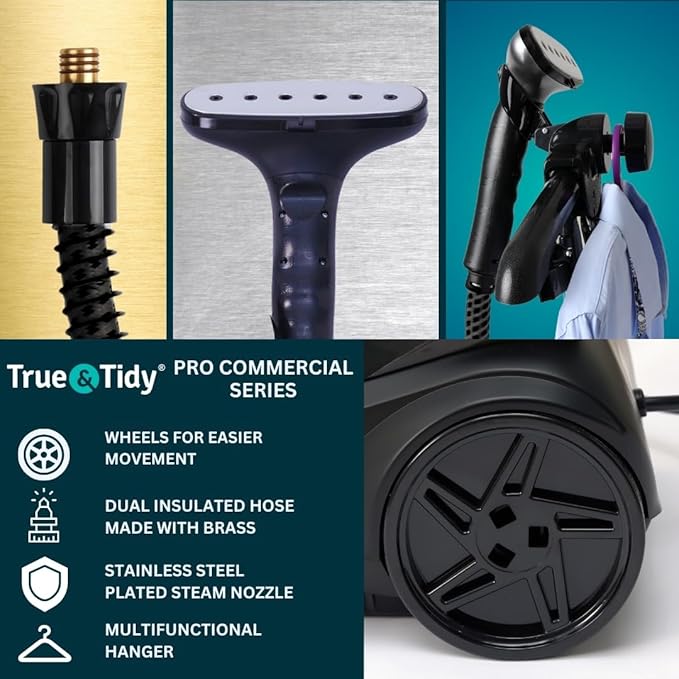 True & Tidy® Heavy-Duty Industrial Standing Garment Steamer for Clothes, 1800 watts, Extra Large 3L water tank 90+ mins of Steam Time (Matte Black, Smart Auto-Off Commercial Garment Steamer)