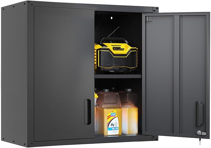 Garage Storage Cabinet Wall Cabinet with 2 Doors,Lockable Black Tool Cabinets Wall Mounted with Adjustale Shelves,Heavy Duty Hanging Cabinets for Warehouse Kitchen Laundry,Assembly Required