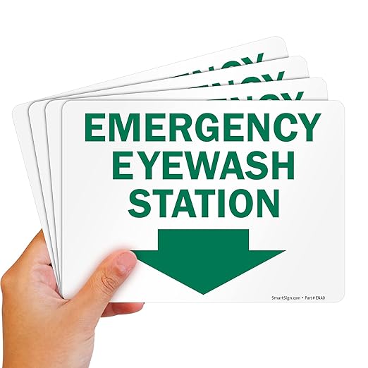 SmartSign (Pack of 4) 5 x7 inch “Emergency Eyewash Station” Sticker Labels with Down Arrow, 5 mil Laminated Polyester with SuperStick Adhesive, Green and White, Made in USA