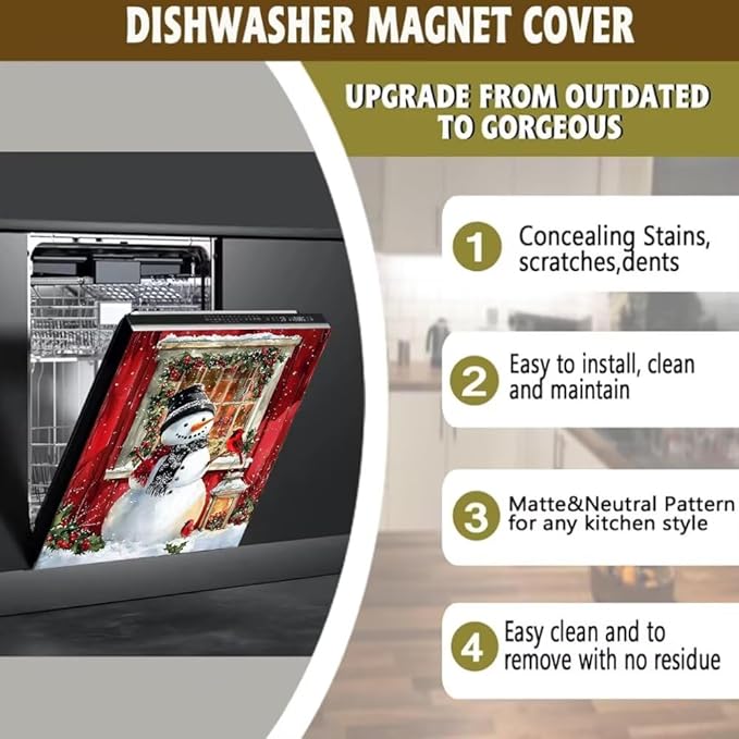 Christmas Snowman Magnetic Dishwasher Cover Vinyl Sticker,Red Barn Winter Scene Dishwasher Magnet Cover, Xmas Bird Fridge Door Cover Magnets Art Skin Panel Decal for Home Decor, 23"X26"
