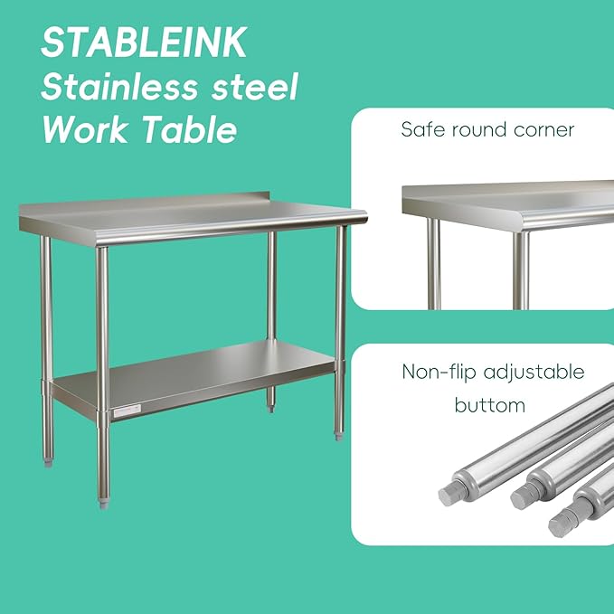 STABLEINK NSF Stainless Steel Prep and Work Table 24 x 60 Inches 5ft Heavy Duty Metal Table with Backsplash and Undershelf for Commercial Kitchen, Restaurant,Home, Laundry Room