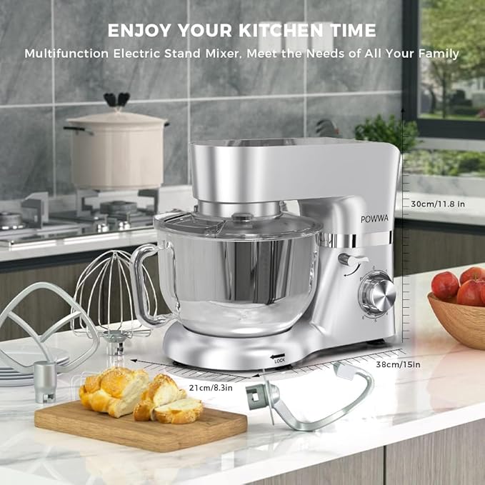 7.5 Quart Electric Mixer, 6+1 Speed 660W Tilt-Head Kitchen Food Mixers with Whisk, Dough Hook, Mixing Beater & Splash Guard for Baking, Cake, Cookie (Silver)