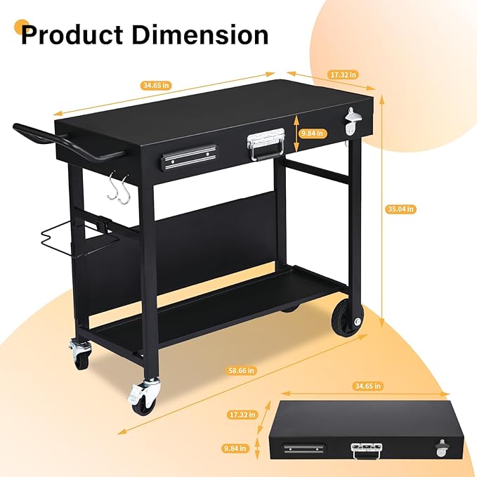 ROVSUN Outdoor Grill Table Cart, Foldable Grill Cart with Wheels, Rolling Table for Ninja, Blackstone Griddle, Pizza Oven Stand, Food Prep Table w/Bottle Opener, Seasoning Tray, Rubbish Bag Holder
