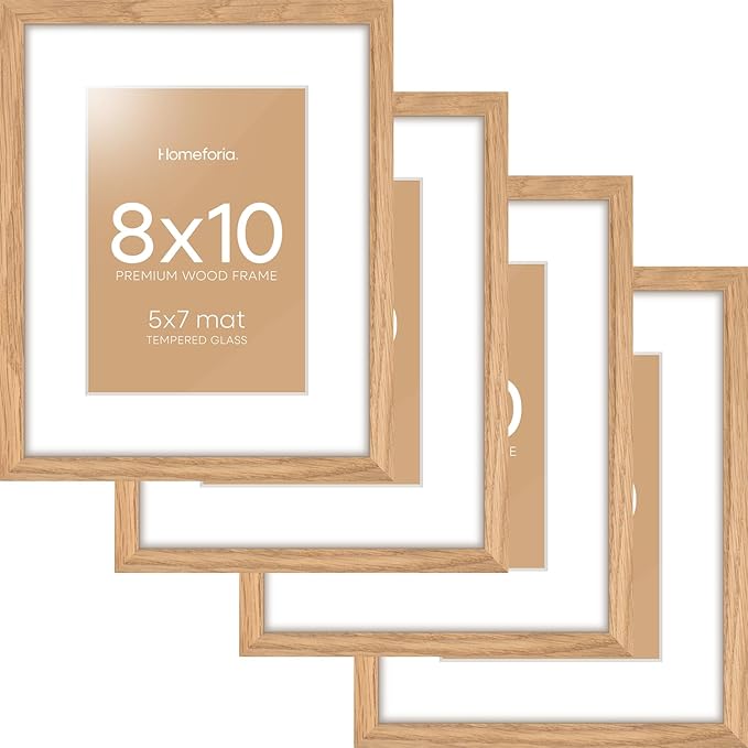 Homeforia 8 x 10 Wood Picture Frame, High End Natural Oak 8x10 Light Wooden Frames with Mat 5x7 inch Photo, 8 x 10 Frame Matted to 5 x 7 Art, Wall or Tabletop Frame, Tempered Glass, Wall Kit, Set of 4