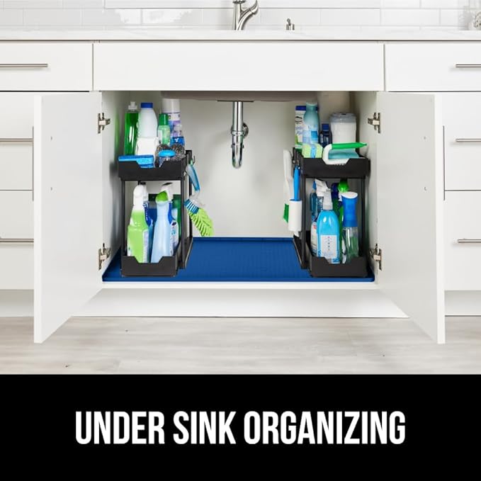 GORILLA GRIP Waterproof Silicone Under Sink Mat with Raised Lip for Kitchen and Bathroom, Cabinet Shelf Liner Stay in Place Mats Dishwasher Safe Drawer Liner, Organizer Tray, 19 x 22 in, Blue