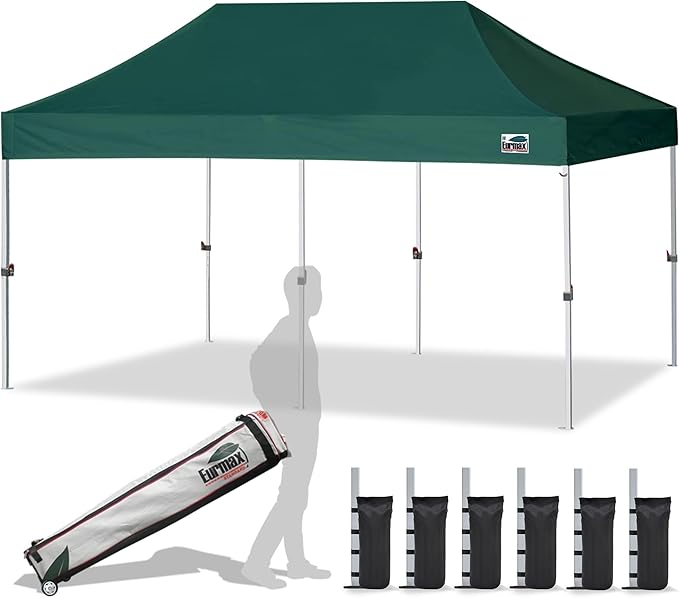 Eurmax USA Standard 10'x20' Patio Pop Up Canopy Tent Commercial Instant Canopies with Heavy Duty Roller Bag,Bonus 6 Sand Weights Bags (Forest Green)