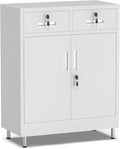 Metal Storage Cabinet with Locking Doors and 2 Drawers, Lockable Storage Cabinet with Adjustable Shelf for Home Office Garage Entryway Pantry (White)