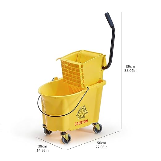 DUMOS 30-Quart Commercial Mop Bucket with Side-Press Wringer, Heavy-Duty Floor Cleaning System, Durable Wringer & Non-Marking Casters, Yellow