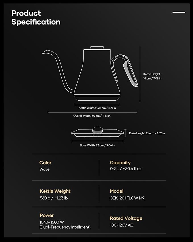 Cocinare FLOW M9 Electric Gooseneck Kettle, ±1℉ Temperature Control for Pour-over Coffee & Tea, Stainless Steel Interior, Quick Heating for Boiling Water (Wave)