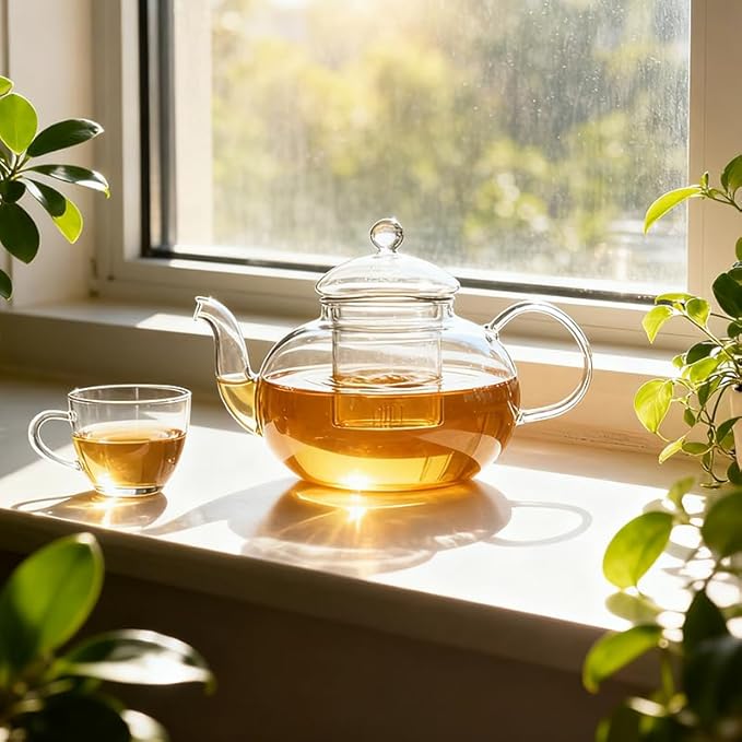 600ml(20.3oz) Borosilicate Glass Teapot with Removable Glass Infuser, Stovetop Safe Clear Tea Kettle for Blooming and Loose Leaf Tea