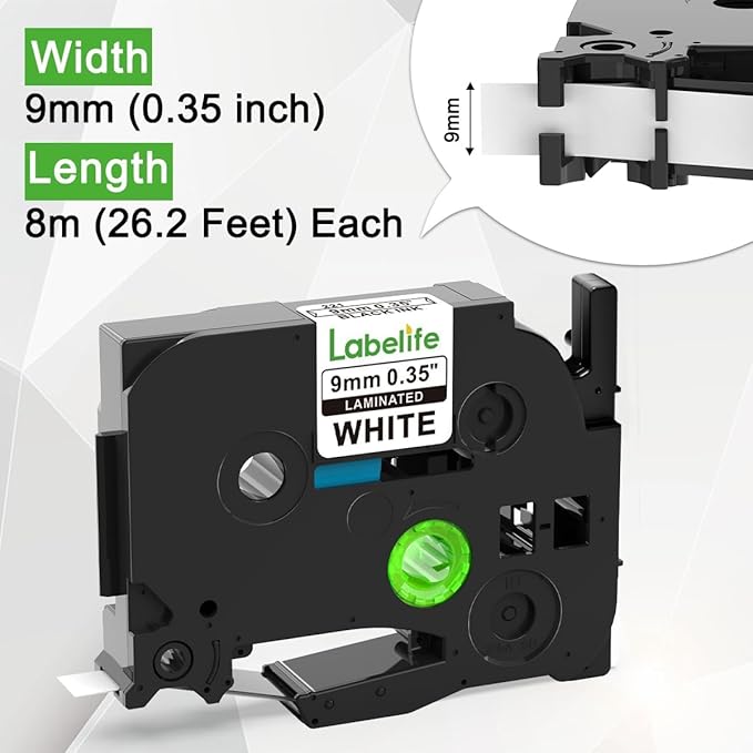 Labelife 9mm Label Tape TZe-221 Replace for Brother P Touch TZe TZ Tape 9mm 0.35 Laminated White Label Tape TZe221 Work for Brother Ptouch Label Maker PT-D210 PT-H110 PT-D220 PT-D400, 3/8 Inch, 4-Pack