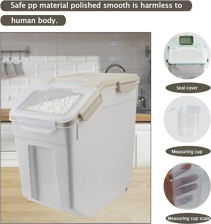 2 Pack Rice Storage Container with Measuring Cup 50 lb Flour Storage Container with Wheels, BPA Free Food Storage Container Dog Cat Food Bin Set for Dry Food Sugar, Cereal(Gray)
