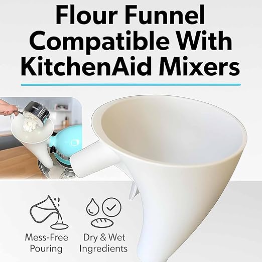 Flour Funnel for Kitchen Aid Mixer, Easy Pour No-Mess Attachment, Anti-Splash Accessory, Fits Tilt-Head 4.5–5 Qt (KSM150), Durable Dishwasher-Safe Baking Tool (White)
