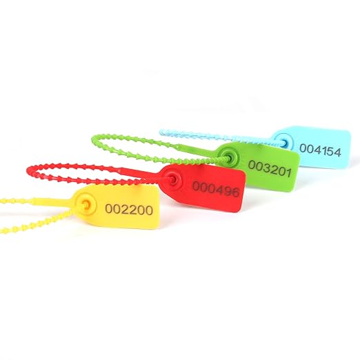 180 Pcs Pull-Tite Security Seal Numbered, Eau 4 Color Disposable Plastic Tamper-Proof Seals, Self-Locking Security Tags for Extinguisher,Logistics, Lagguage,Transport.