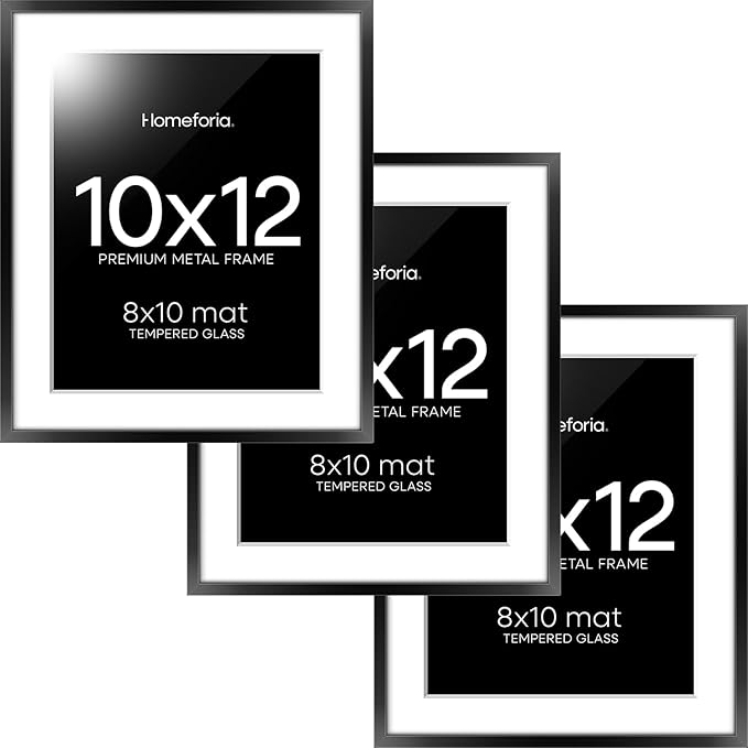 Homeforia Black 10x12 Picture Frame, High End Metal 10x12 Poster Frames with Mat 8x10, 10 x 12 Black Frame Matted to 8 x 10 inch Photo, 10 by 12 Thin Hanging Frames, Tempered Glass, Wall Kit, Set of 3